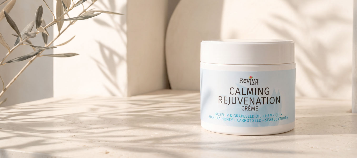 Reviva Labs Calming Rejuvenation Crème jar in sunlight