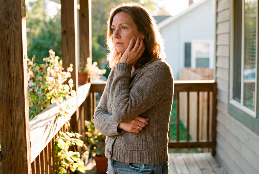Thoughtful woman standing on sunlit wooden porch