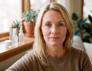 Blonde woman seated beside sunlit window and houseplants