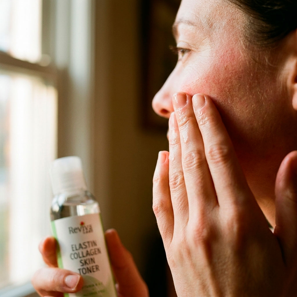 Woman applying toner to red irritated cheek