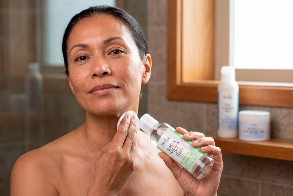 Woman applying facial toner to neck in bathroom