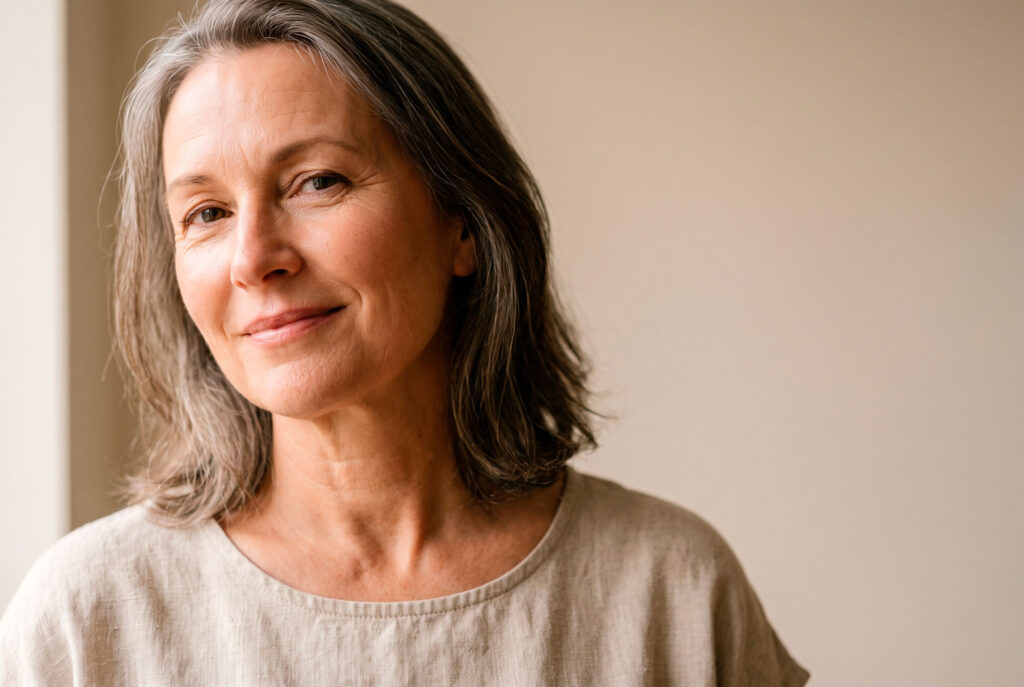 Smiling middle-aged woman with gray hair indoors