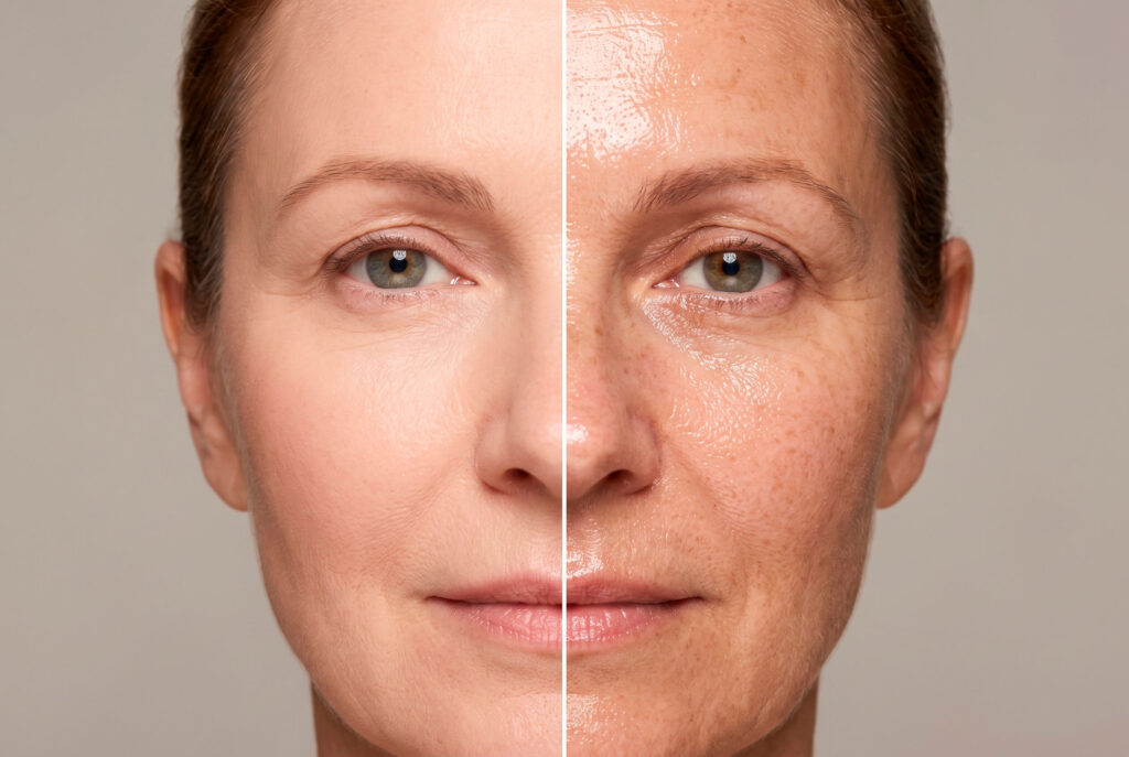Split-face comparison of smooth and oily skin