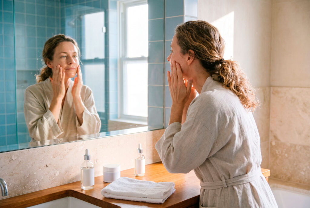 Woman applying skincare while looking in bathroom mirror