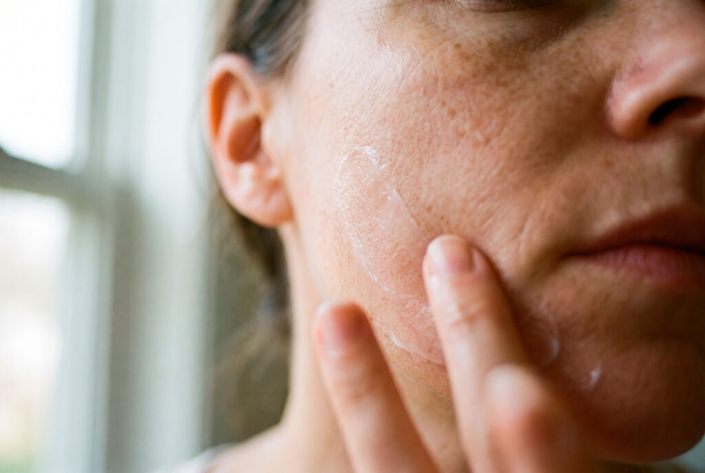 Person applying facial cream to cheek