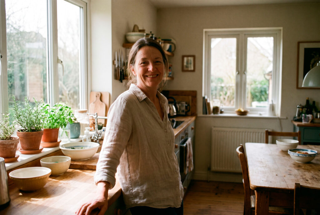 Smiling woman in sunlit home kitchen
