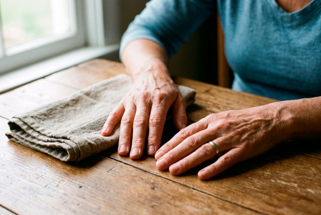 Older adult folding cloth napkin on wooden table