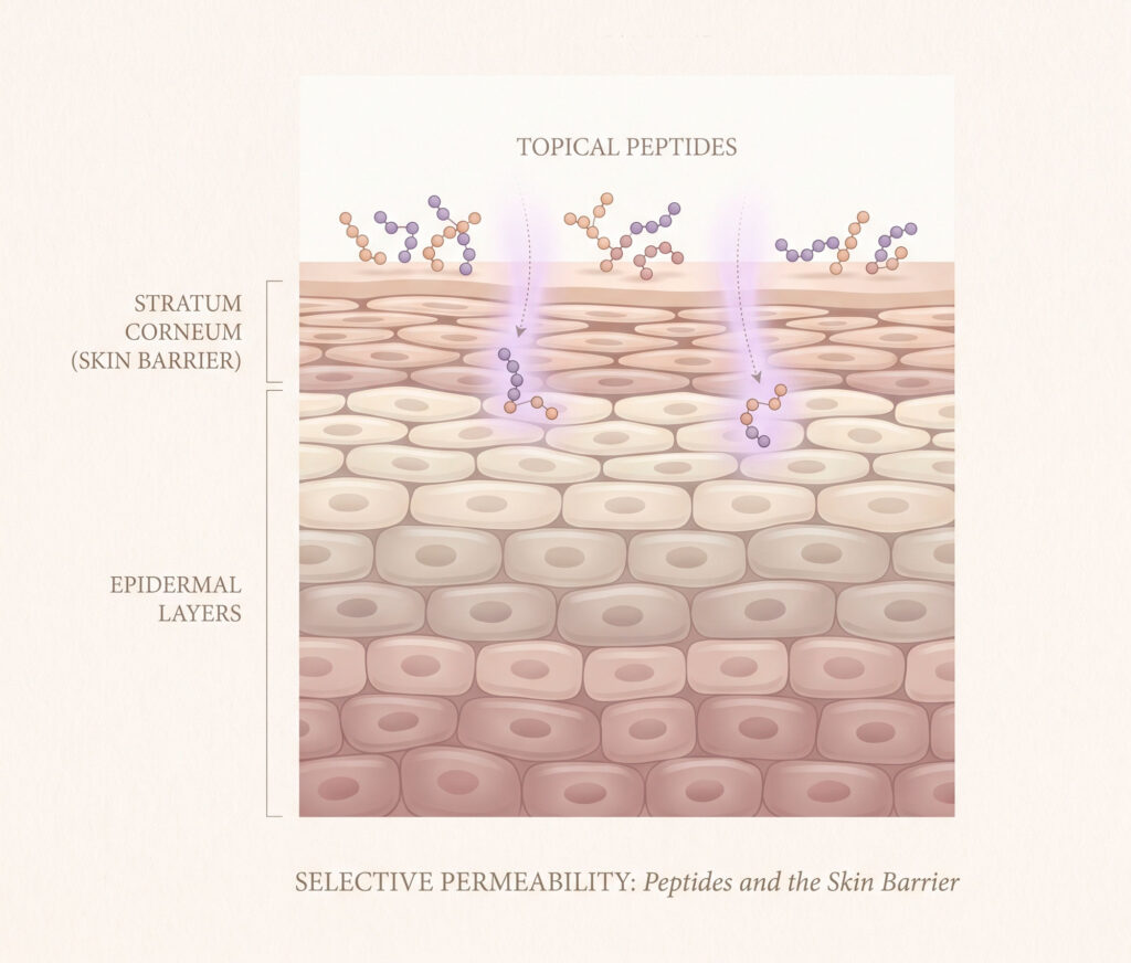 Diagram showing topical peptides crossing the skin barrier