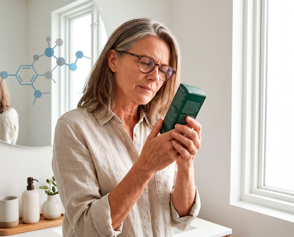 Woman reading skincare product label beside molecular graphic