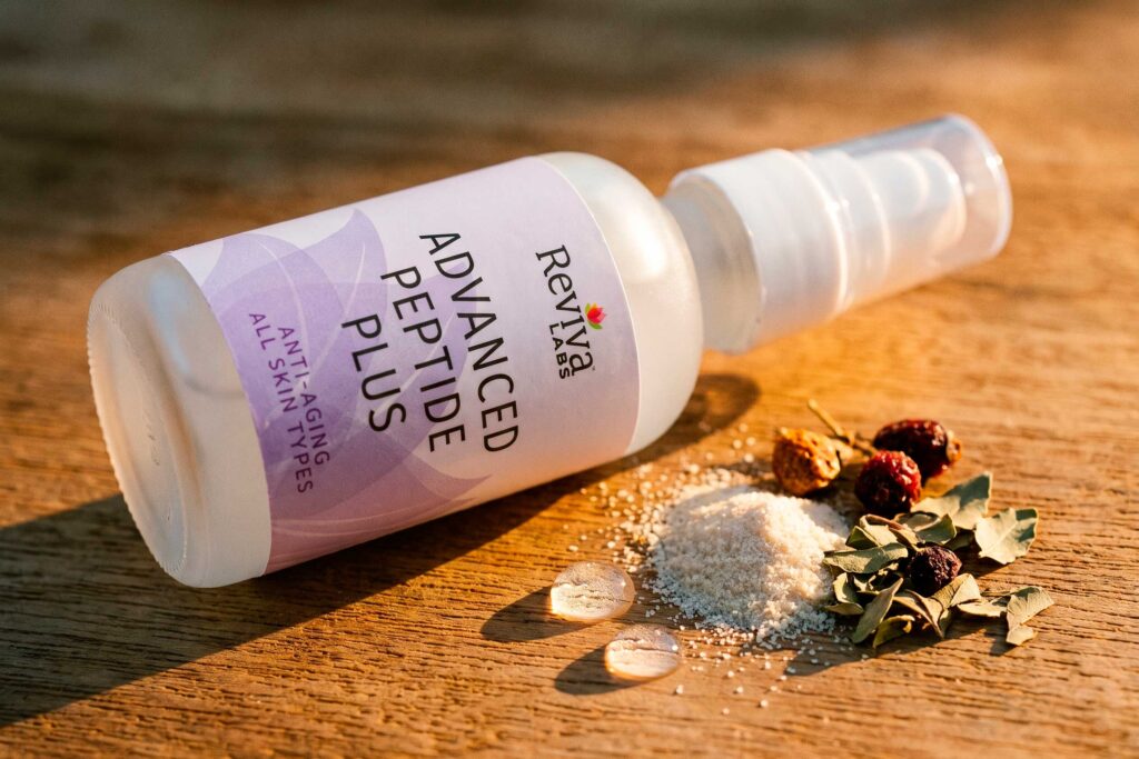 Reviva Labs advanced peptide serum bottle with botanical ingredients