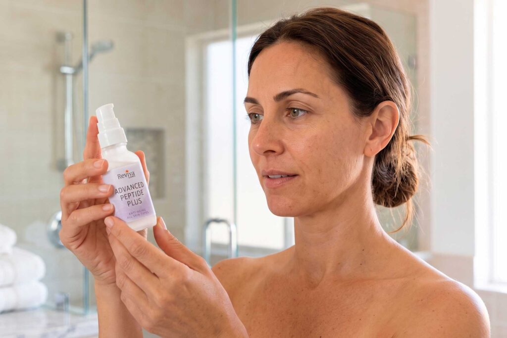 Woman holding Advanced Peptide Plus skincare serum bottle