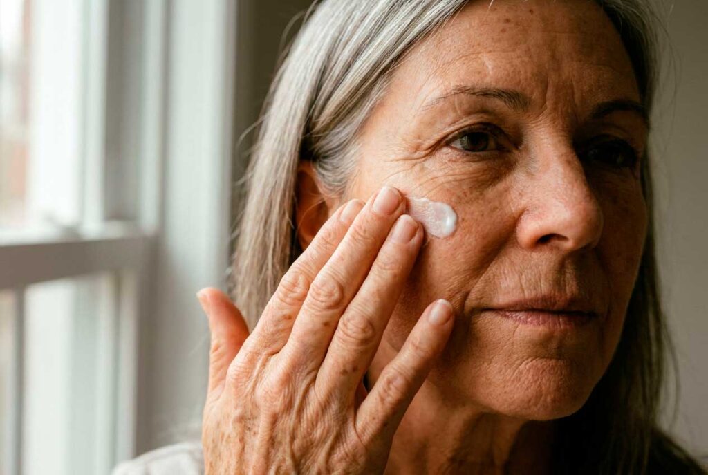 Older woman applying facial moisturizer beneath her eye