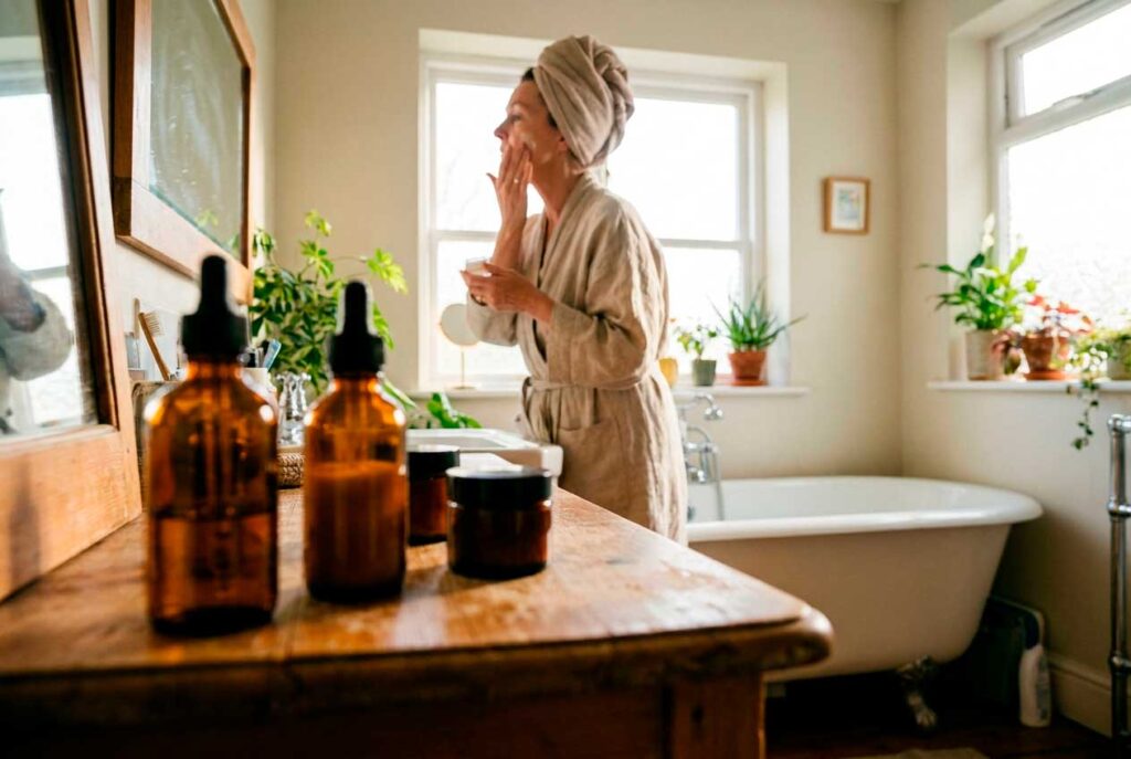 Woman applies facial skincare in sunlit bathroom