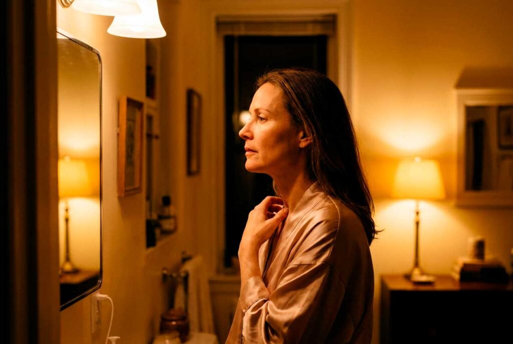 Woman in robe gazes into bathroom mirror at night
