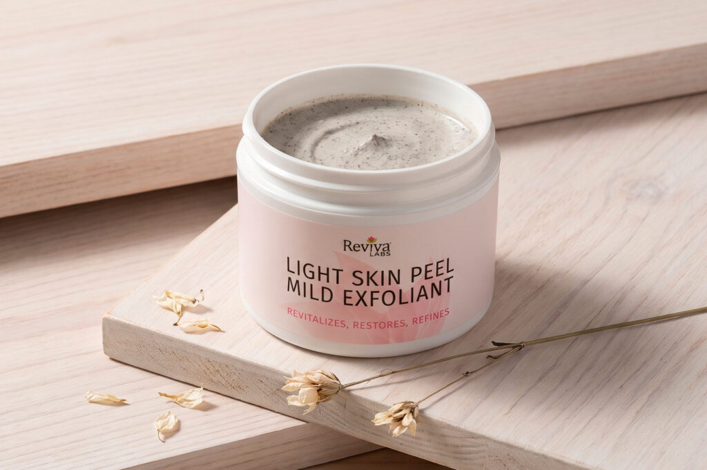 Open Reviva Labs mild exfoliant jar on wooden surface