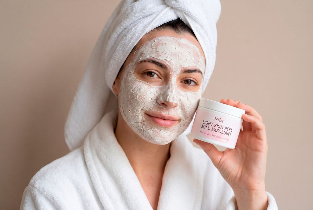 Woman wearing face mask holds mild exfoliant jar
