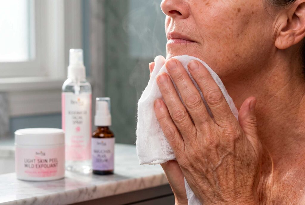 Older woman gently cleansing face with a cloth