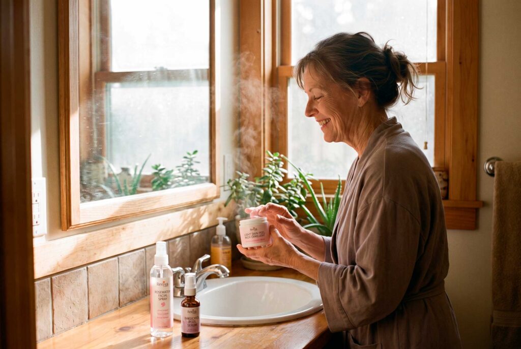 Woman holding skincare cream in sunlit bathroom