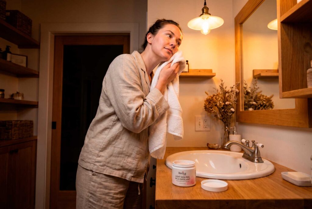 Woman drying face beside bathroom sink and skincare product