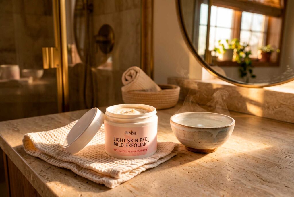 Reviva Labs light skin peel on sunlit bathroom counter