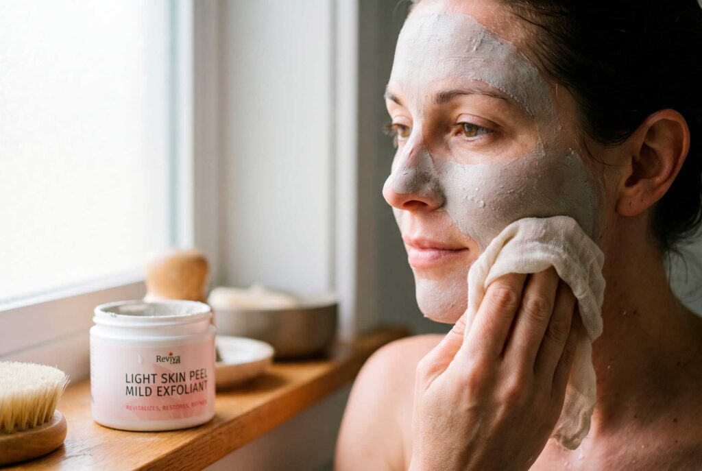 Woman removing facial mask beside mild exfoliant jar