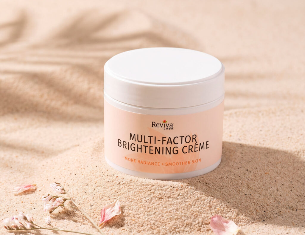 Reviva Labs brightening cream jar on sunlit sand