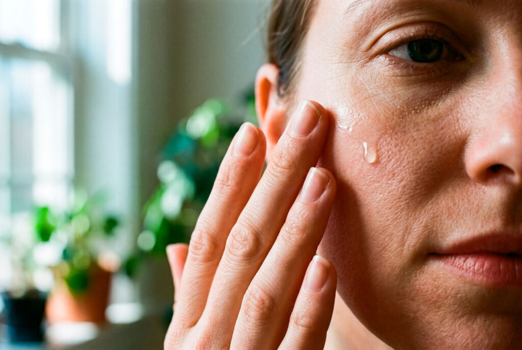 Close-up of woman applying facial serum beneath her eye