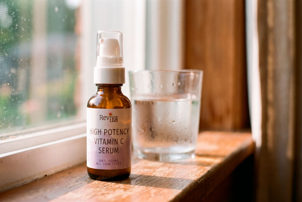 Reviva Labs vitamin C serum beside water glass