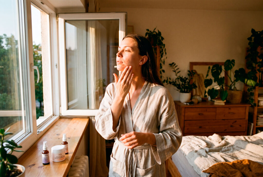 Woman applies facial skincare beside sunlit bedroom window