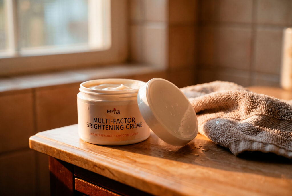 Open brightening cream jar beside towel on wooden counter