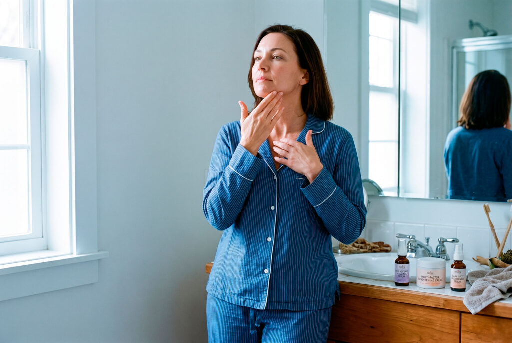 Woman applying skincare to neck in bathroom mirror