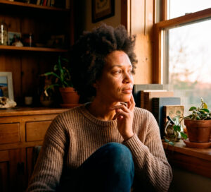 Thoughtful woman sitting beside a sunlit window indoors
