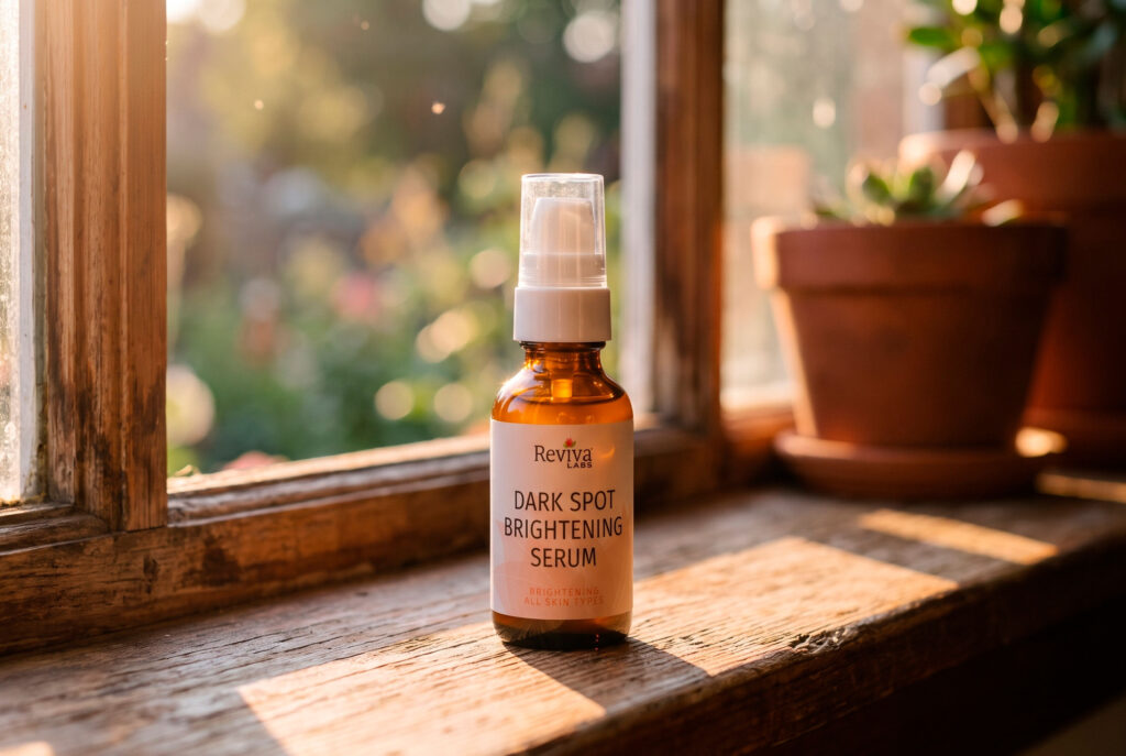 Reviva Labs dark spot brightening serum on sunlit windowsill