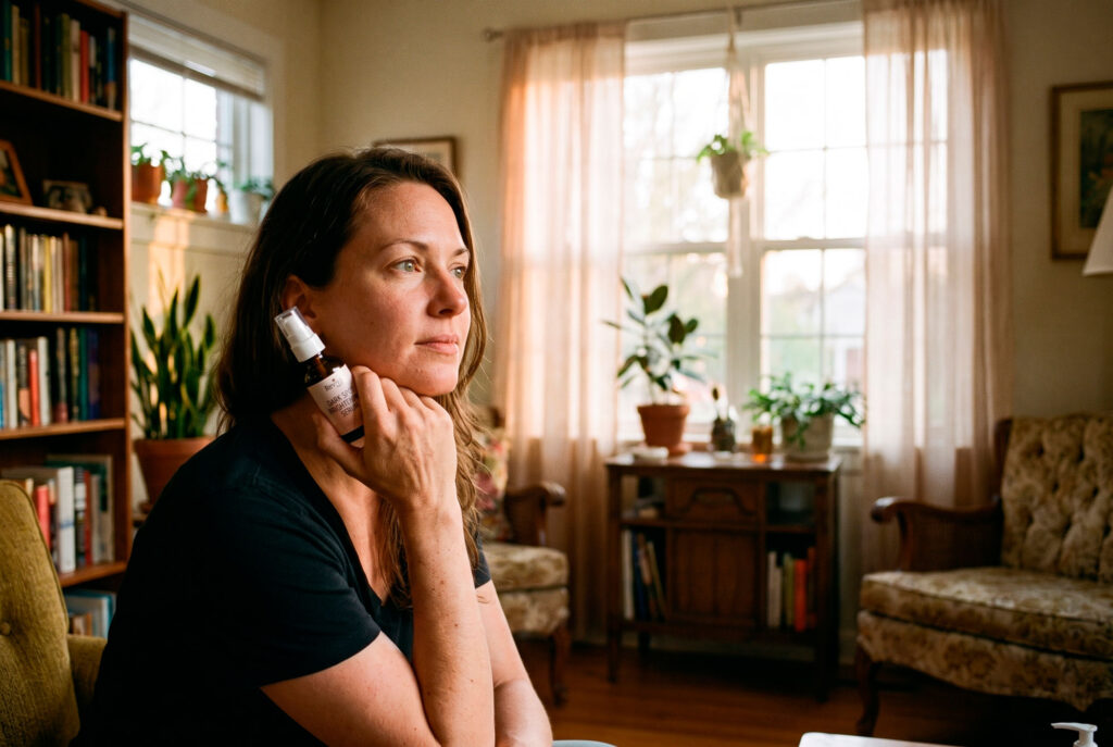 Woman holding facial serum bottle in sunlit living room
