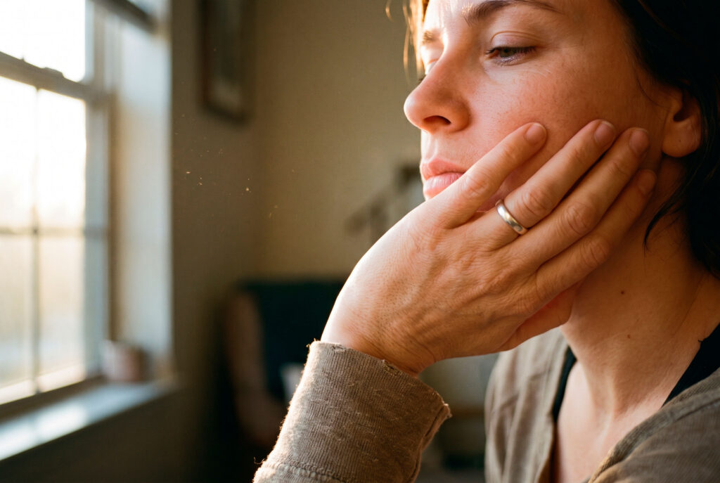 Woman touches cheek beside a sunlit window