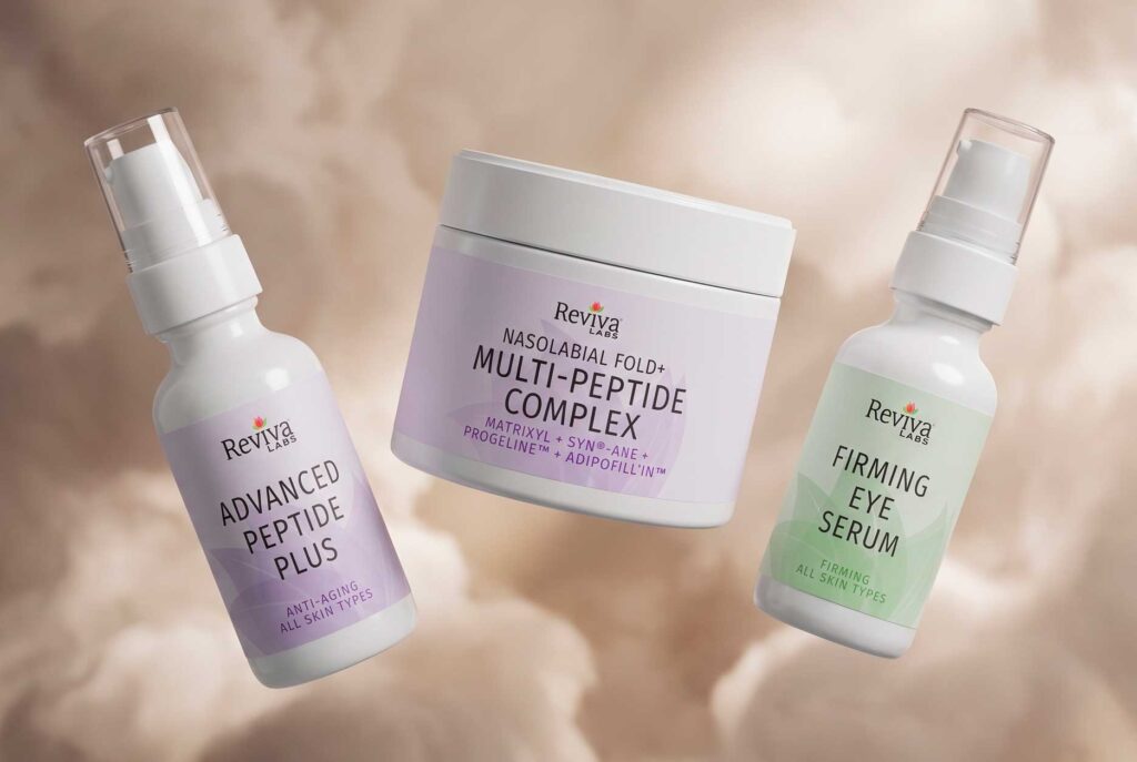 Reviva Labs peptide skincare products on a soft beige background