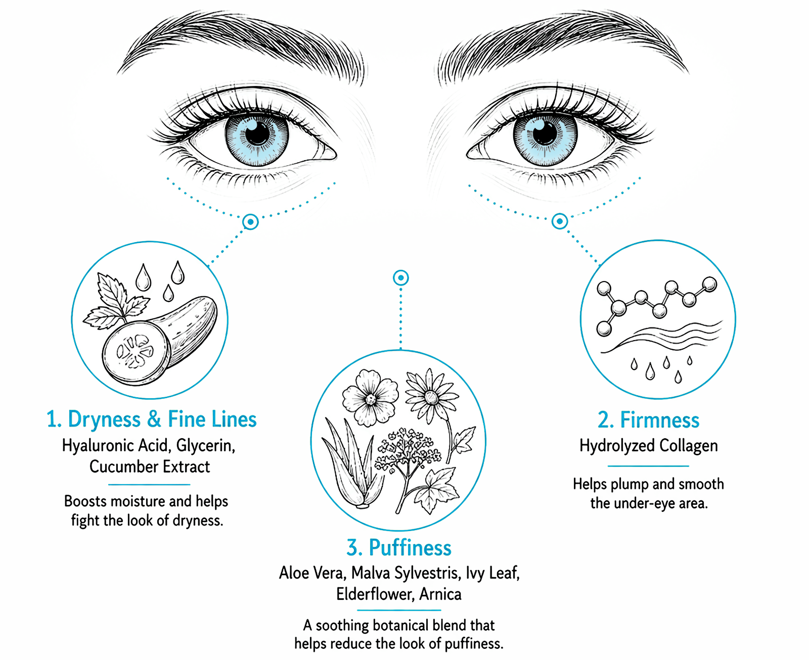 Under-eye skincare infographic showing ingredients for dryness, firmness, and puffiness