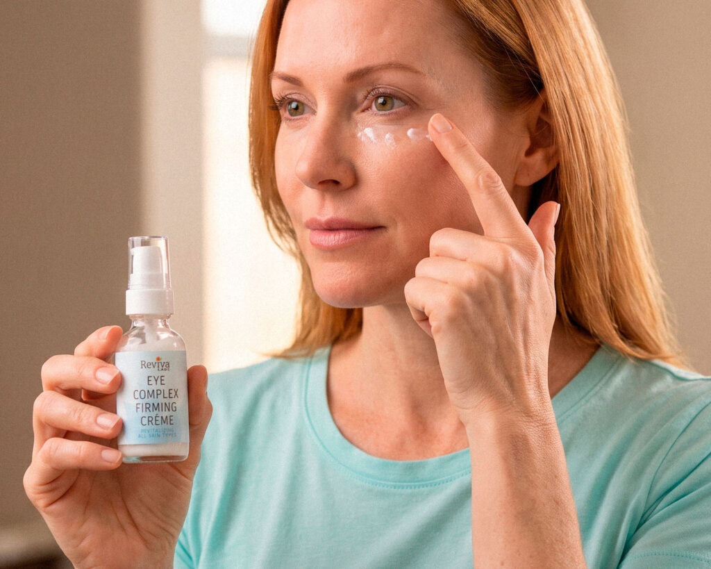 Woman applying eye cream while holding Reviva Labs bottle