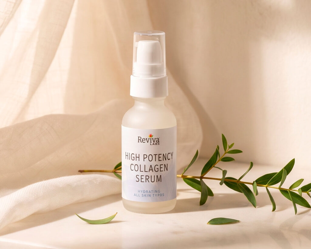 Reviva Labs High Potency Collagen Serum bottle with greenery