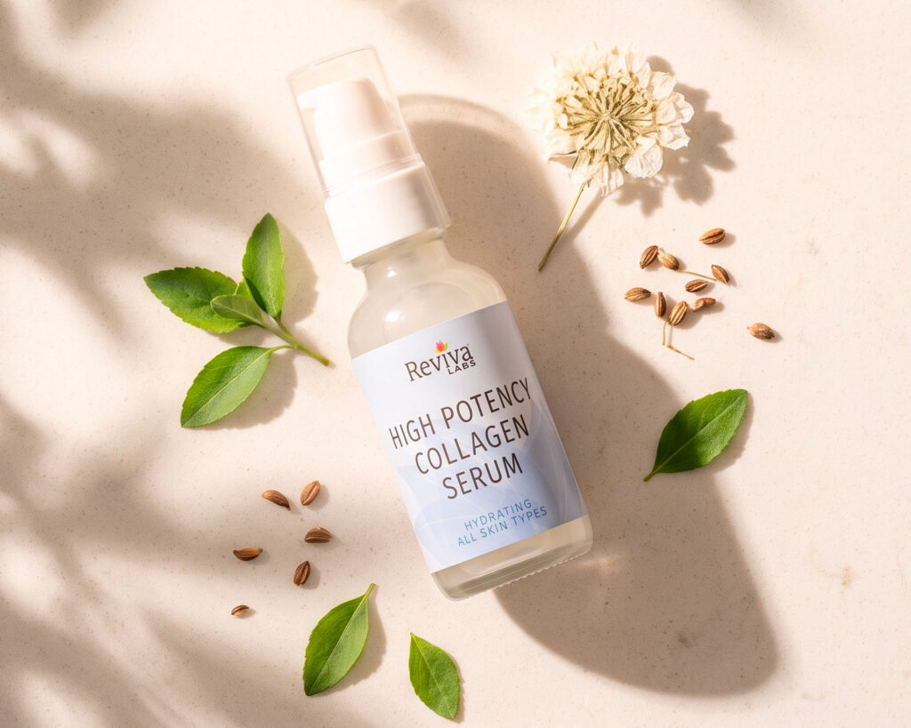Reviya Labs collagen serum with leaves, flower, and seeds