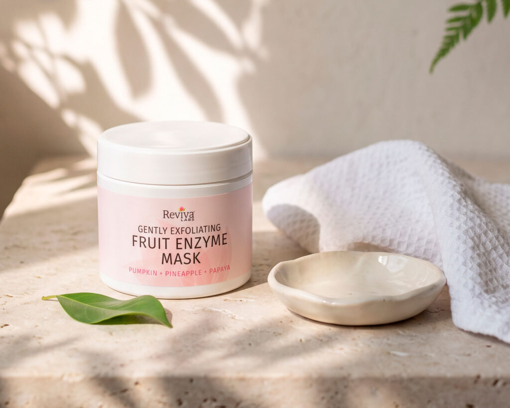 Reviva Labs fruit enzyme mask beside towel and bowl