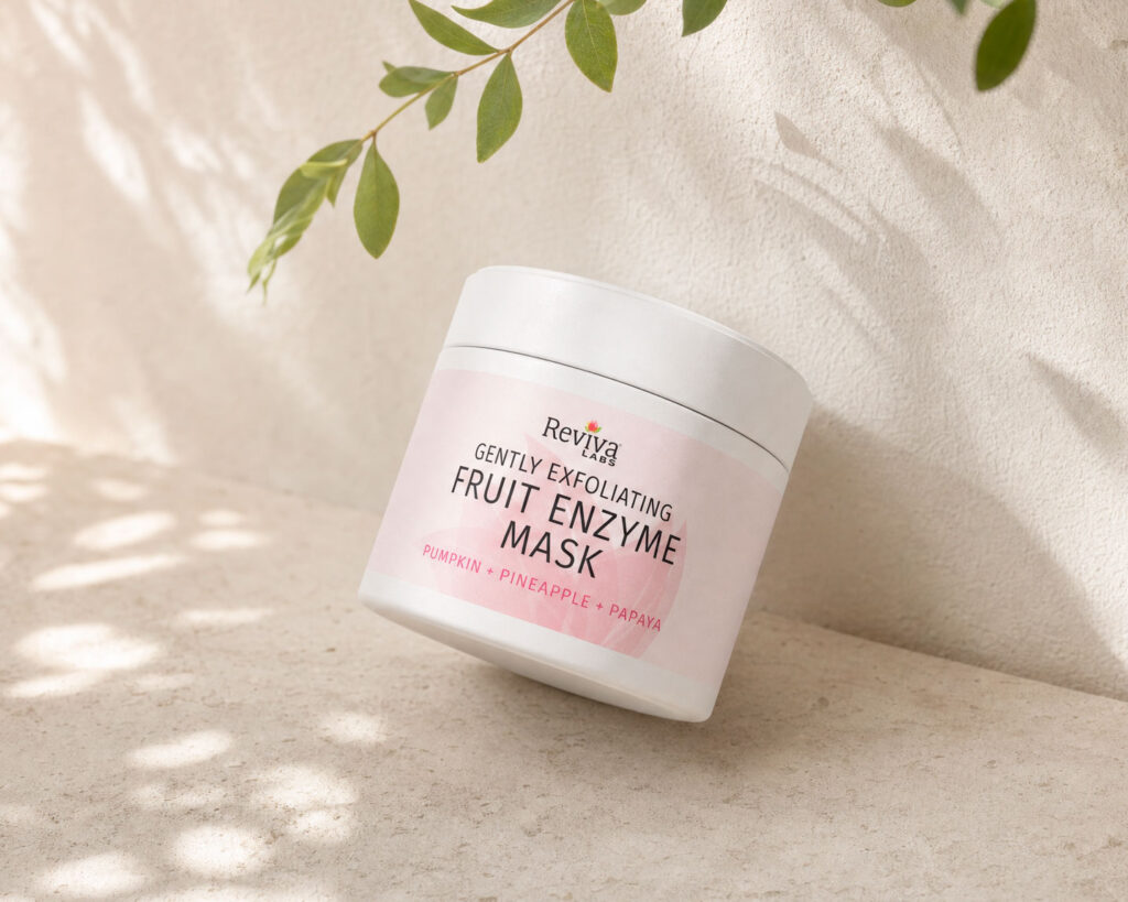 Reviva Labs Fruit Enzyme Mask jar with green leaves