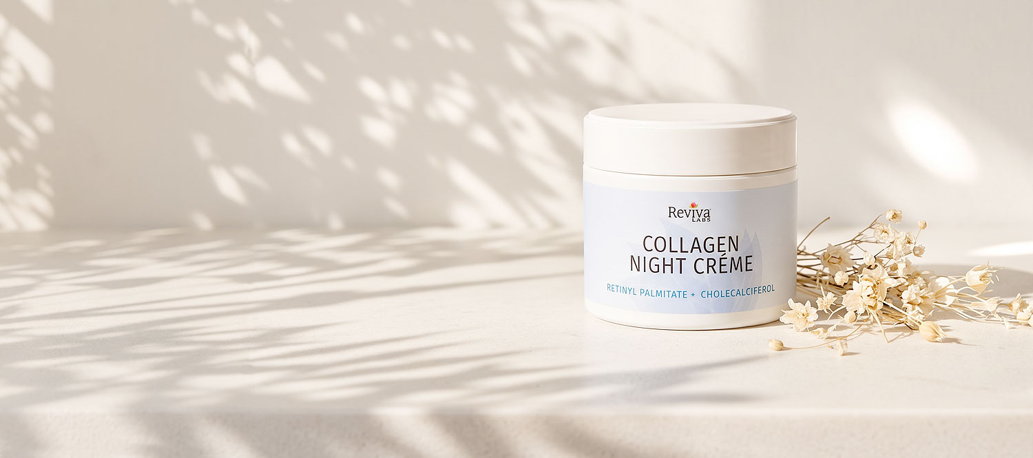 Reviva Labs Collagen Night Crème jar with dried flowers