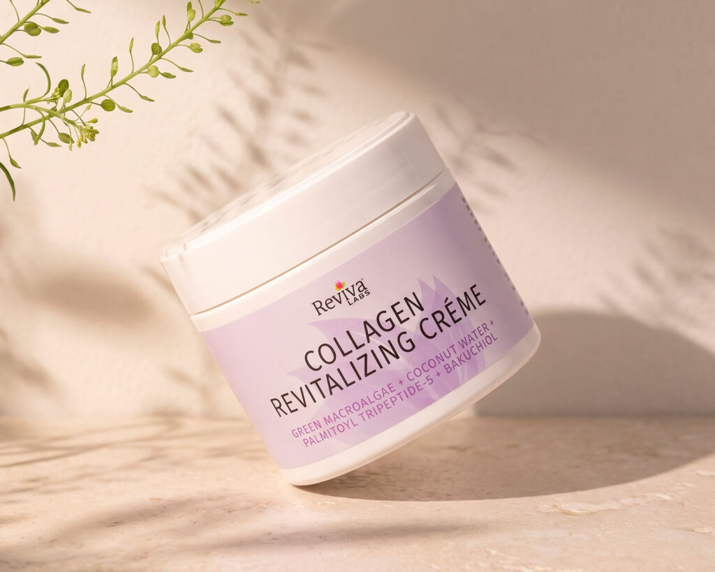 Reviva Labs collagen revitalizing cream jar with green sprig