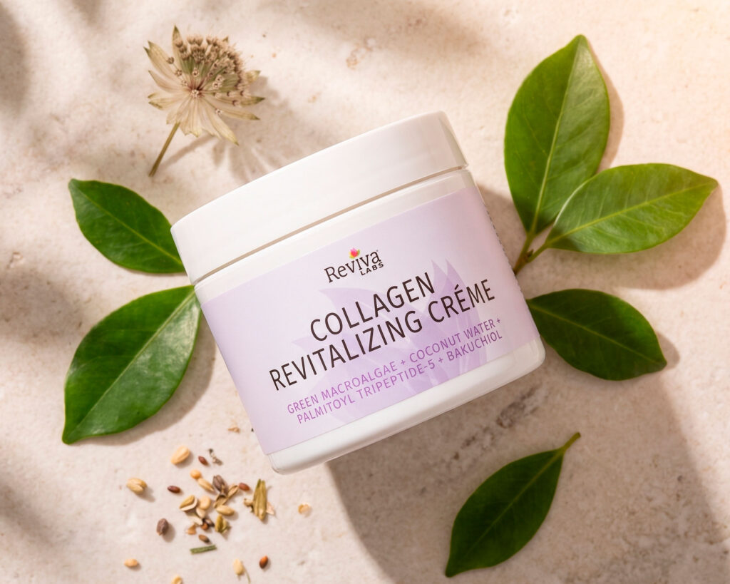 Reviva Labs collagen revitalizing cream with green leaves