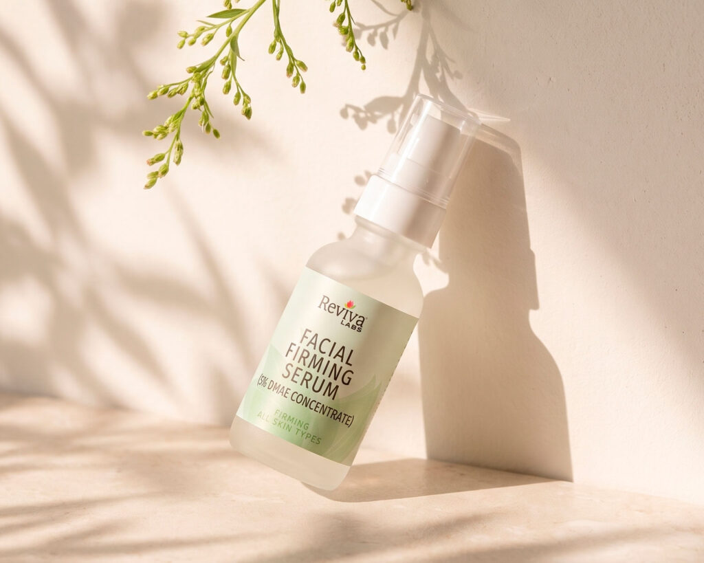 Reviva Labs facial firming serum bottle in sunlight