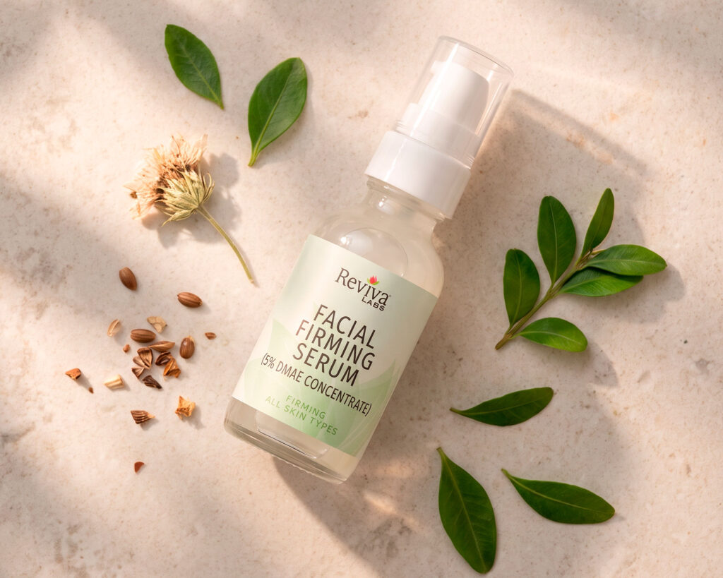 Reviva Labs facial firming serum with leaves and botanicals
