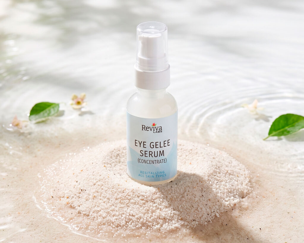 Reviva Labs Eye Gelee Serum bottle on wet sand