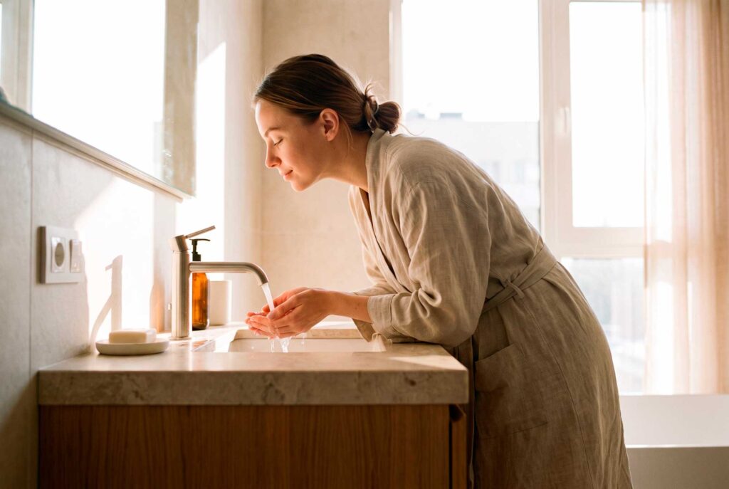 Woman washing hands at sunlit bathroom sink