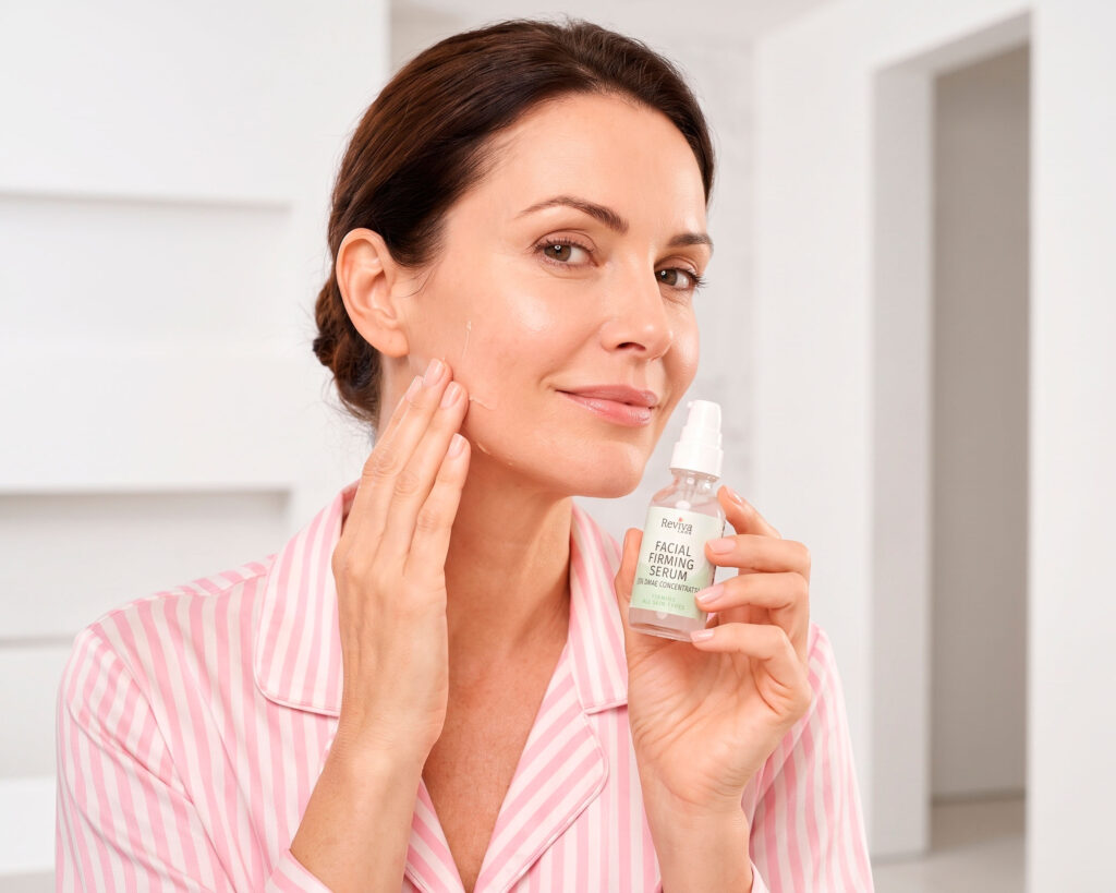 Woman applying facial firming serum while holding bottle